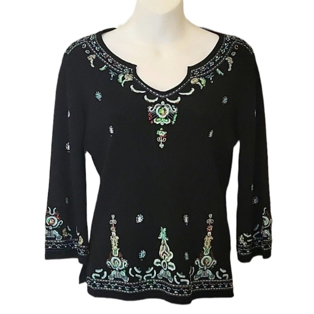 Vintage Joseph A. Petite blouse black embroidery 3/4 sleeve Women's M